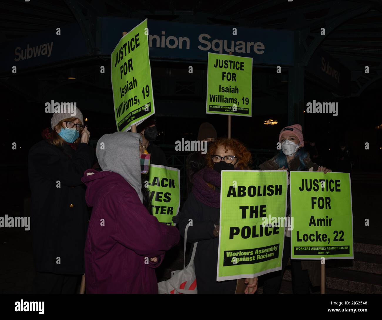 NEW YORK, N.Y. – February 8, 2022: Demonstrators in Union Square Park protest the fatal police shootings of Amir Locke and Isaiah Williams. Stock Photo