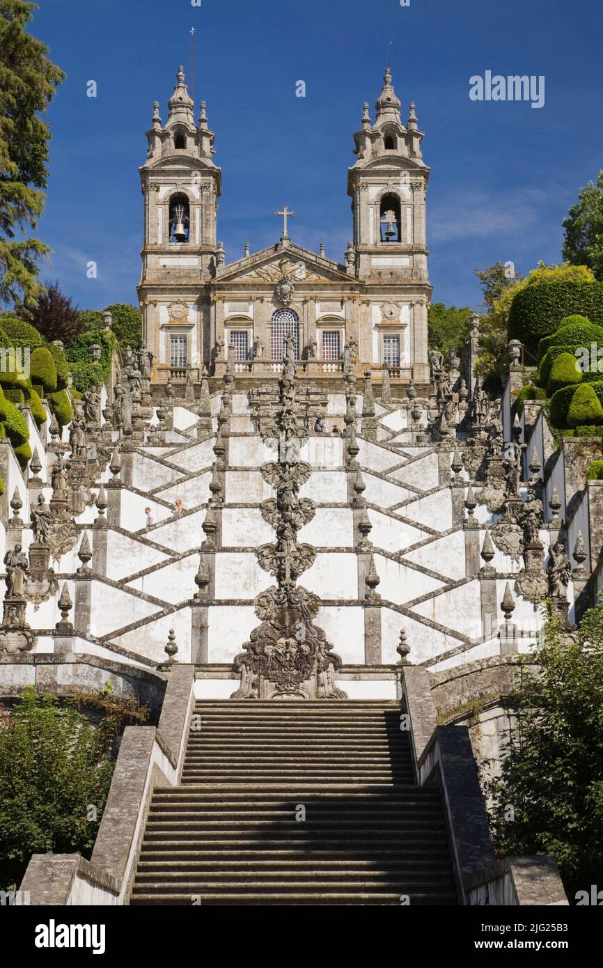 The stairway of the five senses leading to the church on the grounds of the Bom Jesus do Monte sanctuary in Tenoes, Braga, Portugal, Europe. Stock Photo
