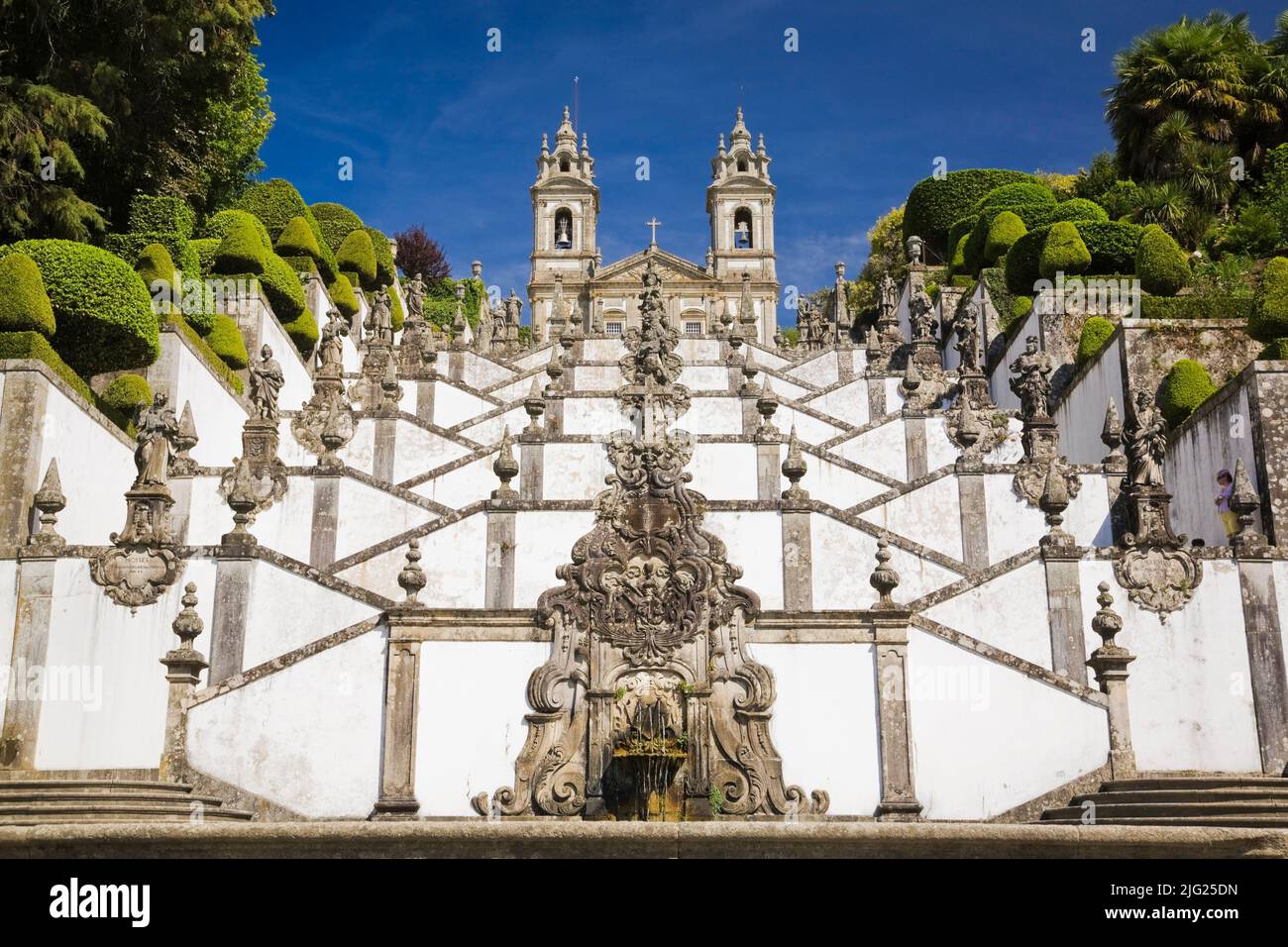 The stairway of the five senses leading to the church on the grounds of the Bom Jesus do Monte sanctuary in Tenoes, Braga, Portugal, Europe. Stock Photo