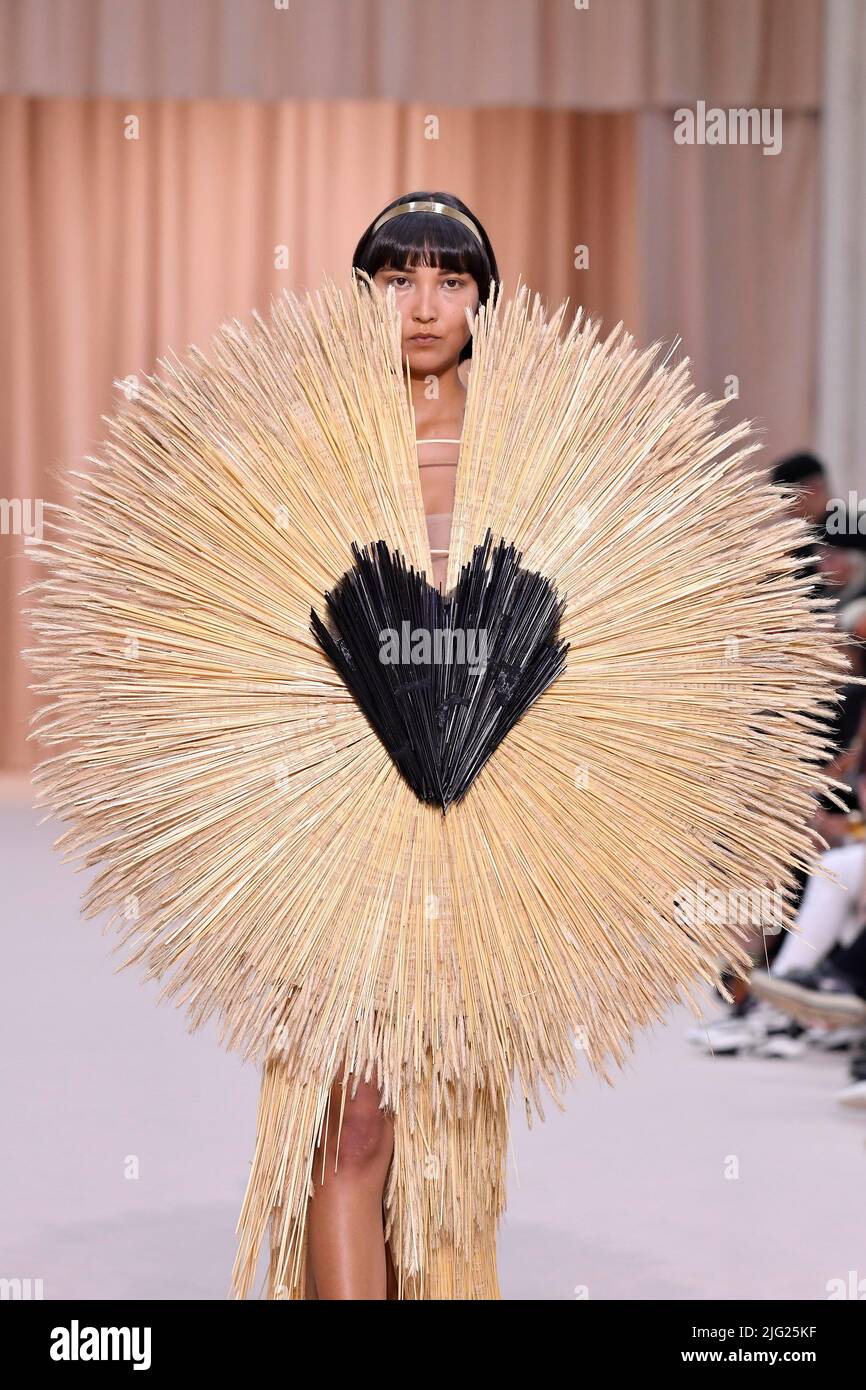 A model walks on the runway at the Jean Paul Gaultier by Oliver Rousteing fashion  show during Fall Winter 2022-2023 Haute Couture Fashion Show, Paris on July  6 2022. (Photo by Jonas