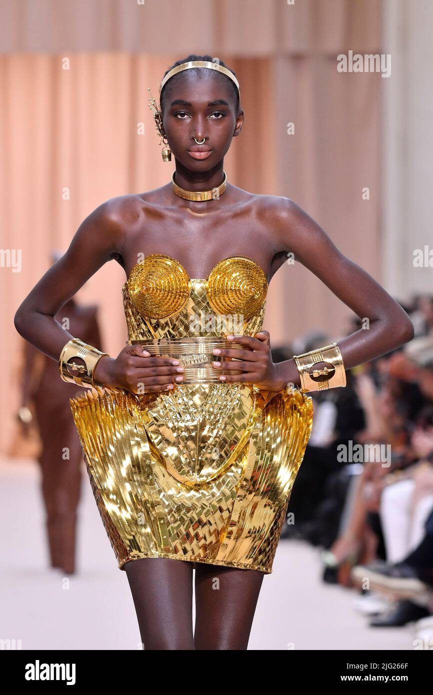 A model walks on the runway at the Jean Paul Gaultier by Oliver Rousteing fashion show during Fall Winter 2022-2023 Haute Couture Fashion Show, Paris on July 6 2022. (Photo by Jonas A model walks on the runway at the Jean Paul Gaultier by Oliver Rousteing fashion show during Fall Winter 2022-2023 Haute Couture Fashion Show, Paris on July 6 2022. (Photo by Jonas