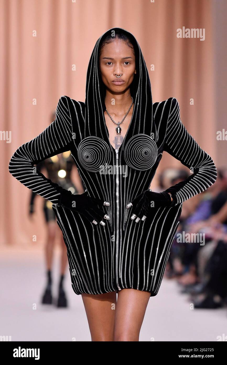 A model walks on the runway at the Jean Paul Gaultier by Oliver Rousteing  fashion show during Fall Winter 2022-2023 Haute Couture Fashion Show, Paris  on July 6 2022. (Photo by Jonas