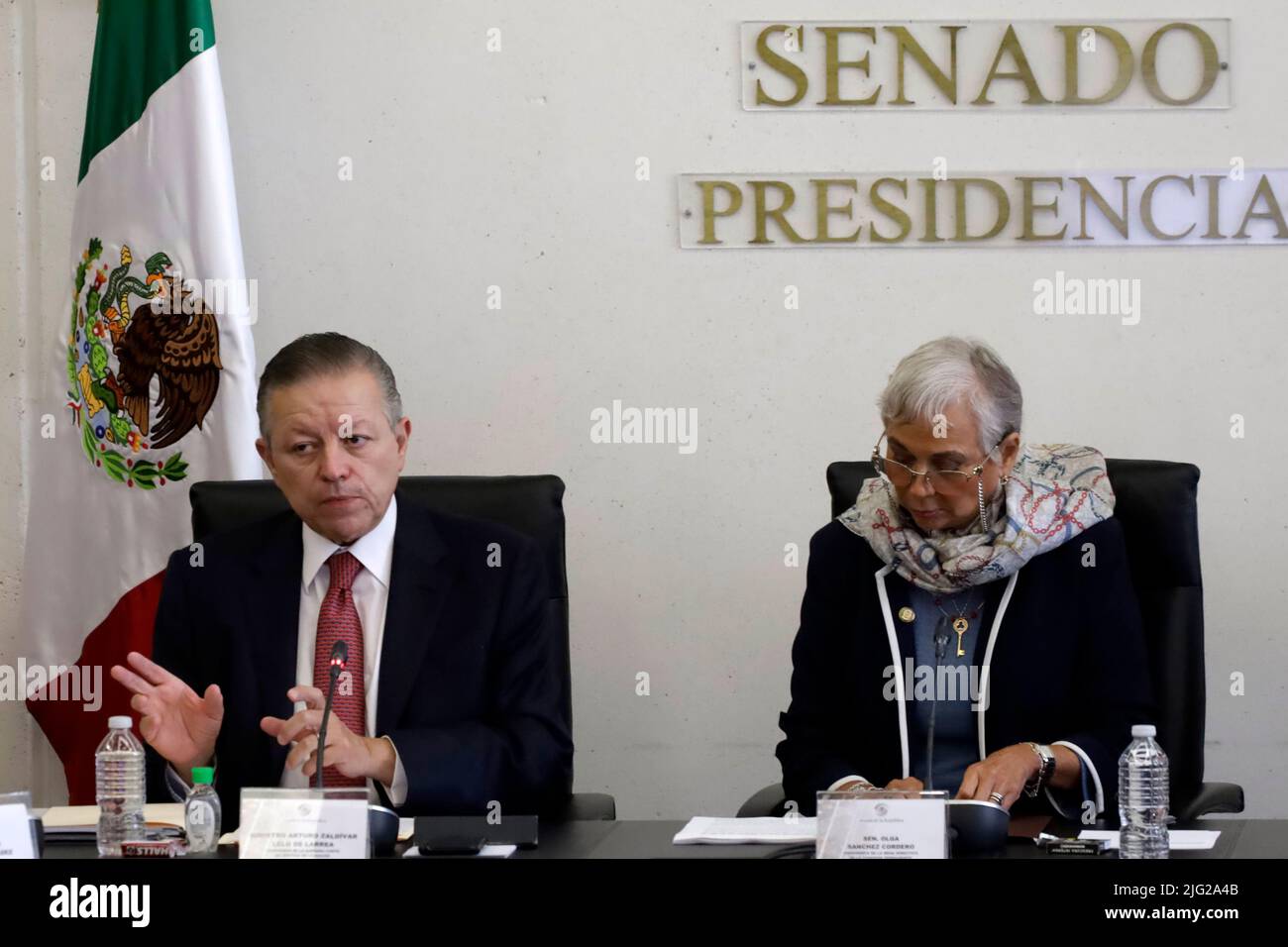Mexico City, Mexico City, Mexico. 6th July, 2022. July 6, 2022, Mexico City, Mexico: The president of the Supreme Court of Justice of the Nation, Arturo Zaldivar, president of the Senate Olga SÃ¡nchez Cordero during a meeting at the Mexico's Senate. on Jul 6, 2022 In Mexico City, Mexico. Credit: ZUMA Press, Inc./Alamy Live News Stock Photo