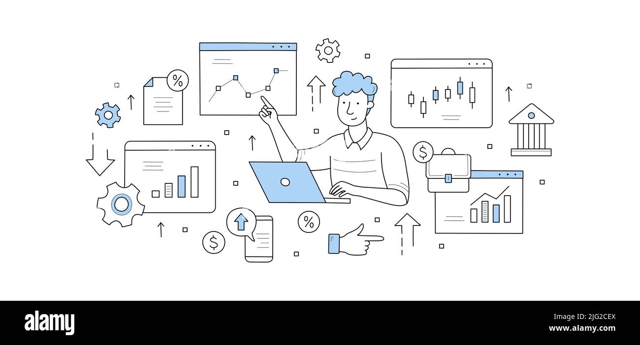 Stock market doodle concept. Businessman trader working on computer