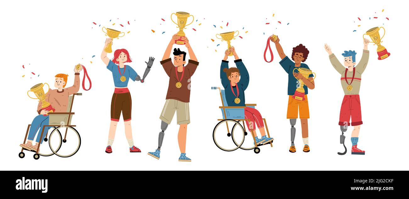 Happy paralympic athletes with gold medals and cups. Vector flat illustration of diverse sport people with different disabilities, champions with prosthesis and in wheelchair Stock Vector