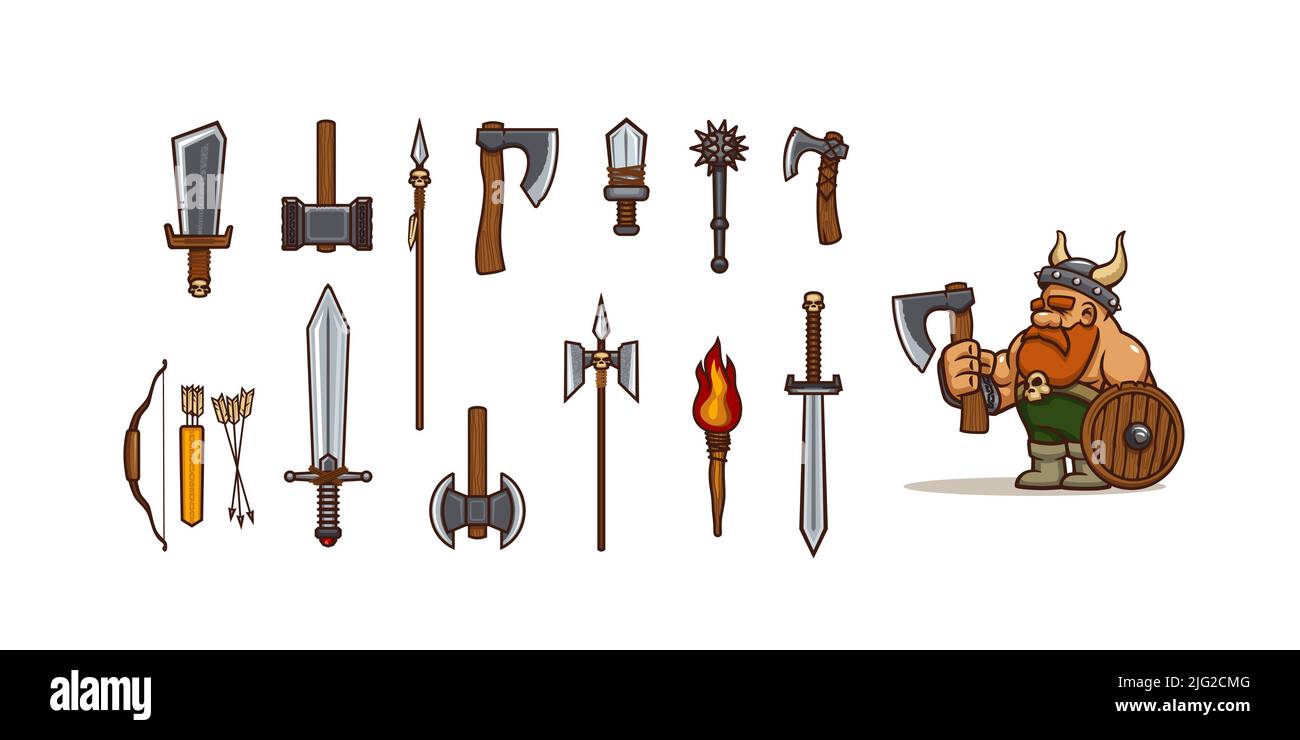 Cartoon viking and different types of weapon. ancient scandinavian warrior with axe, sword, hammer, bow with quiver, spear and torch, mace or wooden shield. Game or fairy tale personage Vector set Stock Vector