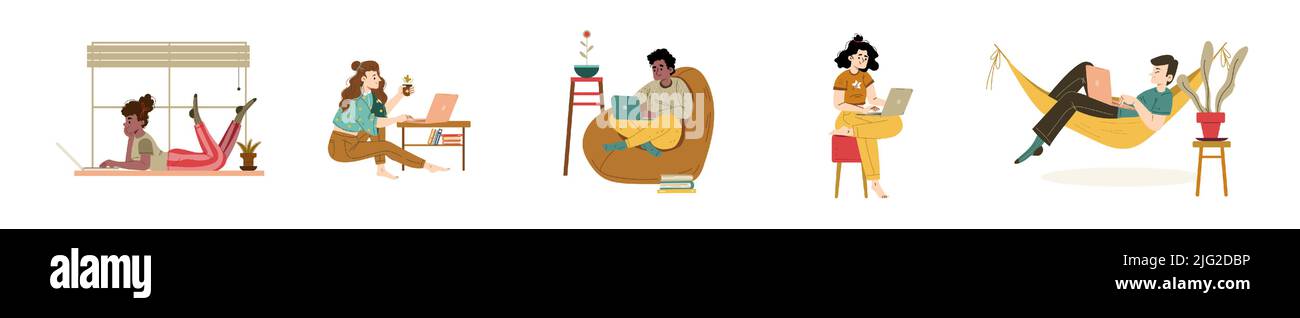 Home office set, freelancers men and women working remotely on laptops at comfortable domestic workplace. Outsourced workers, freelance, self-employed occupation Line art flat vector illustration Stock Vector