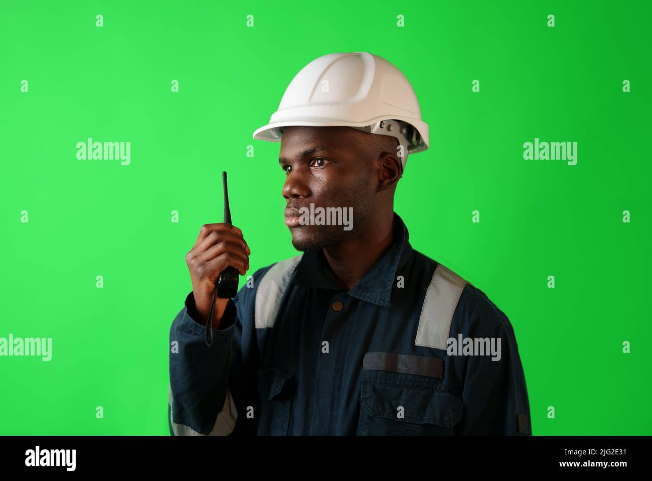 African American seaman with VHF radio Stock Photo