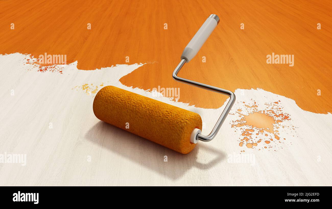 Paint roller painting the parquet floor. 3D illustration Stock Photo ...