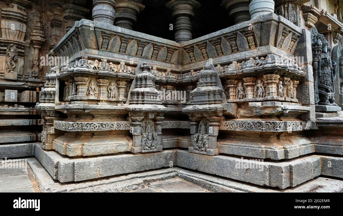 Carvings on the mandapam of Bucesvara temple of Koravangala, Hassan, Karnataka, India. Stock Photo