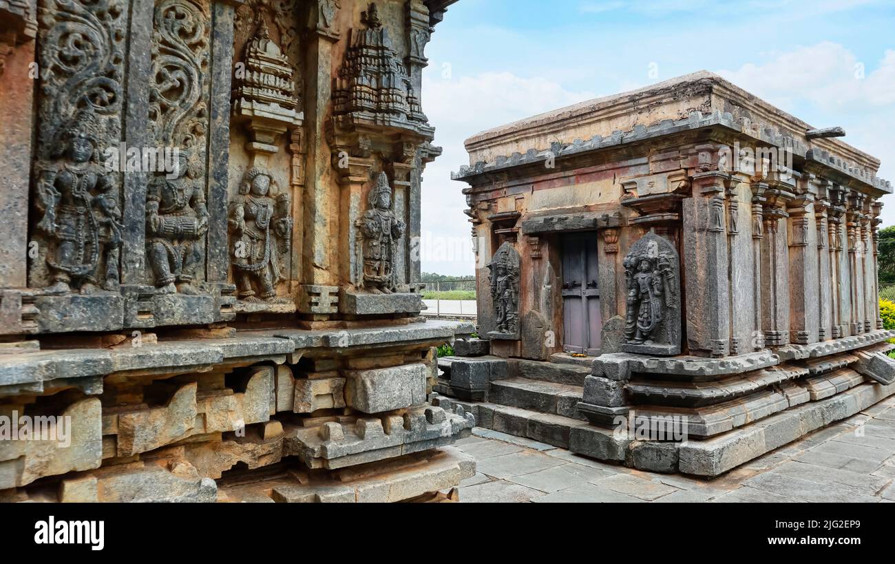 View of Bucesvara temple with the Bhairava shrine to the side, Koravangala, Hassan, Karnataka, India. Stock Photo