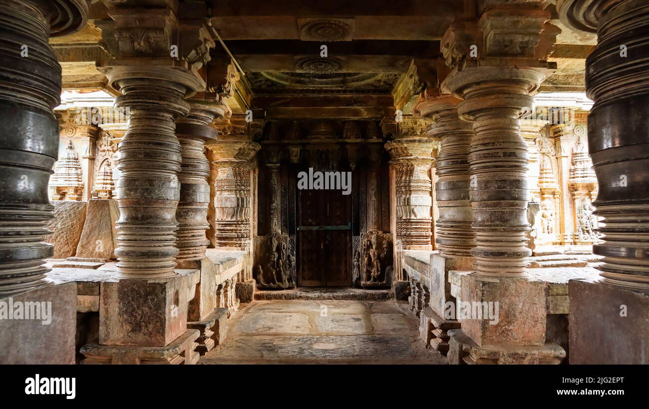 Carving pillars inside the Bucesvara temple of Koravangala, Hassan, Karnataka, India. Stock Photo