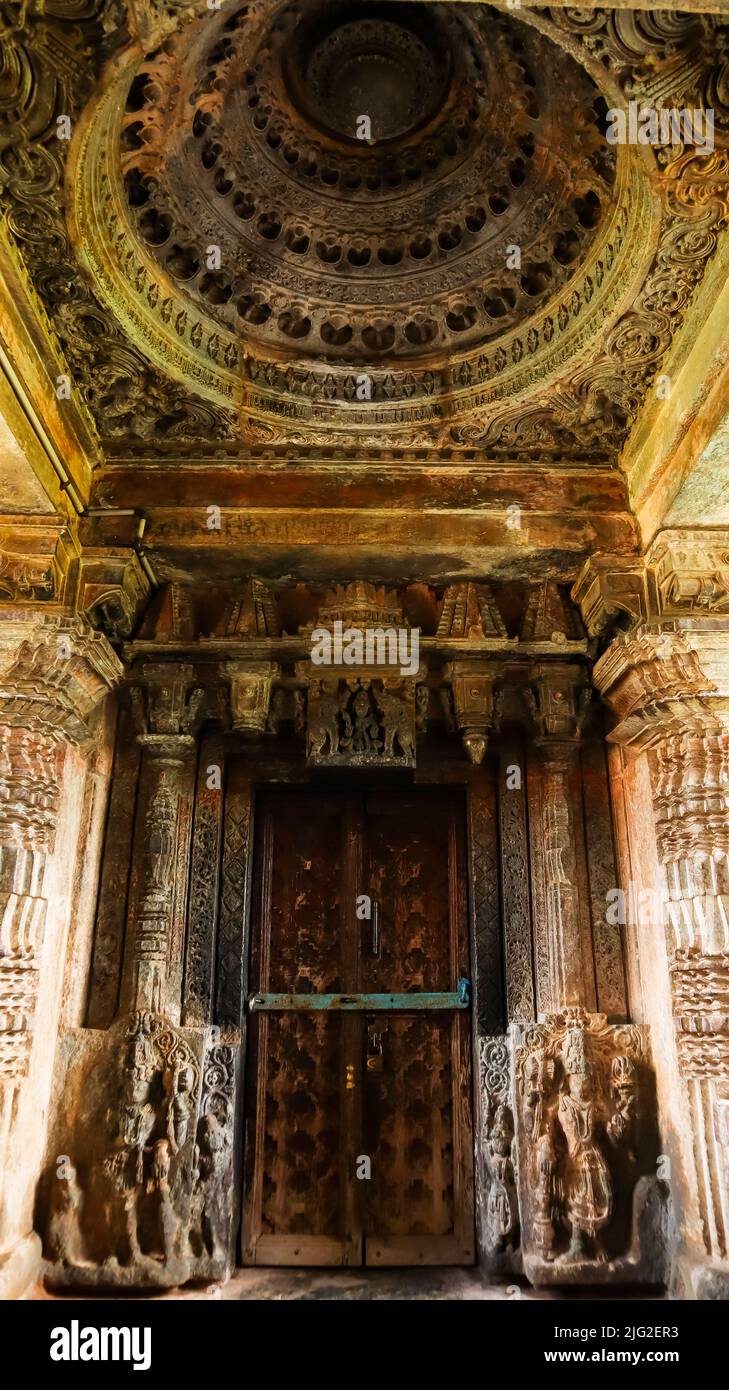 Lotus ceiling and shrine entrance door of Bucesvara temple of Koravangala, Hassan, Karnataka, India. Stock Photo
