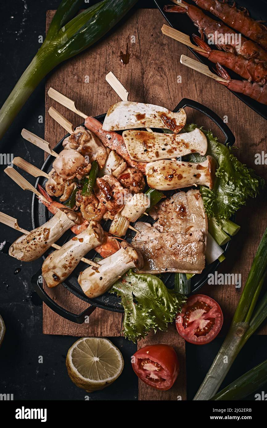Japanese grill barbecue (yakitori) on dark background Stock Photo Alamy