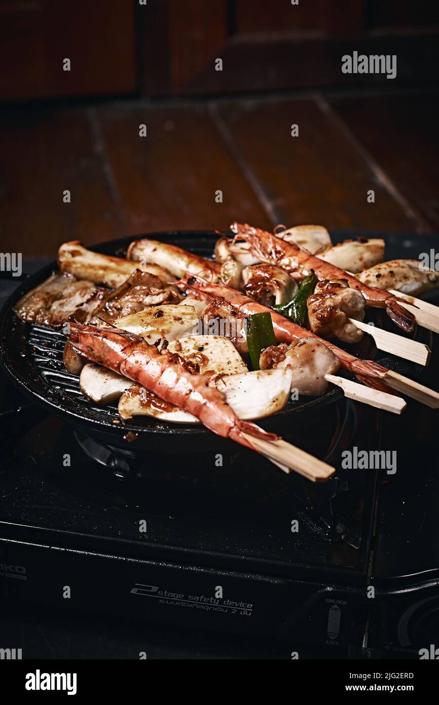 Japanese grill barbecue (yakitori) on dark background Stock Photo Alamy