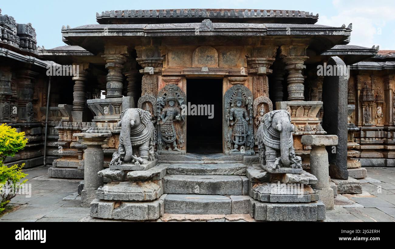 Main entrance of Bucesvara temple mandapa with carved elephants, Koravangala, Hassan, Karnataka, India. Stock Photo