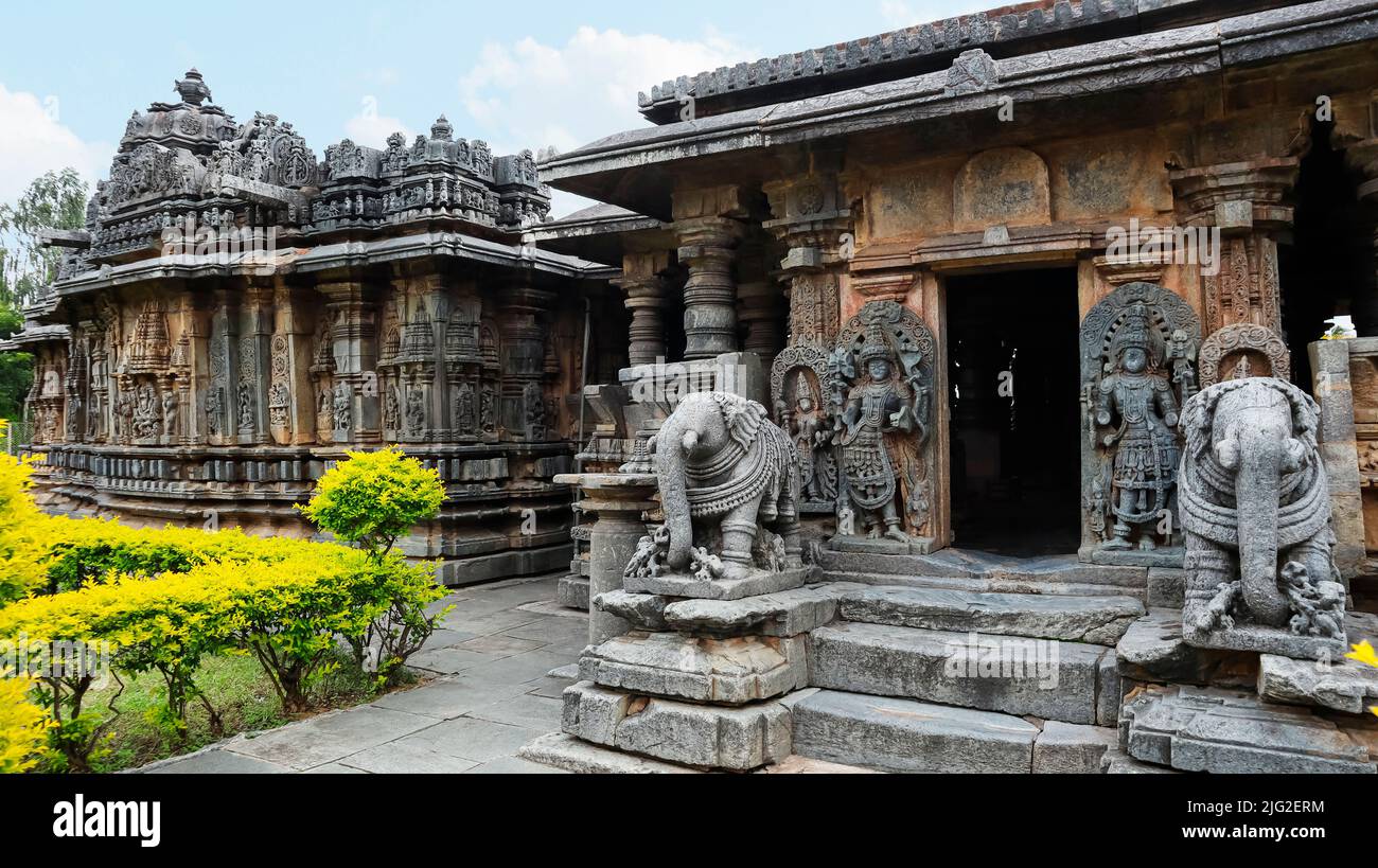 Main entrance of Bucesvara temple mandapa with carved elephants, Koravangala, Hassan, Karnataka, India. Stock Photo