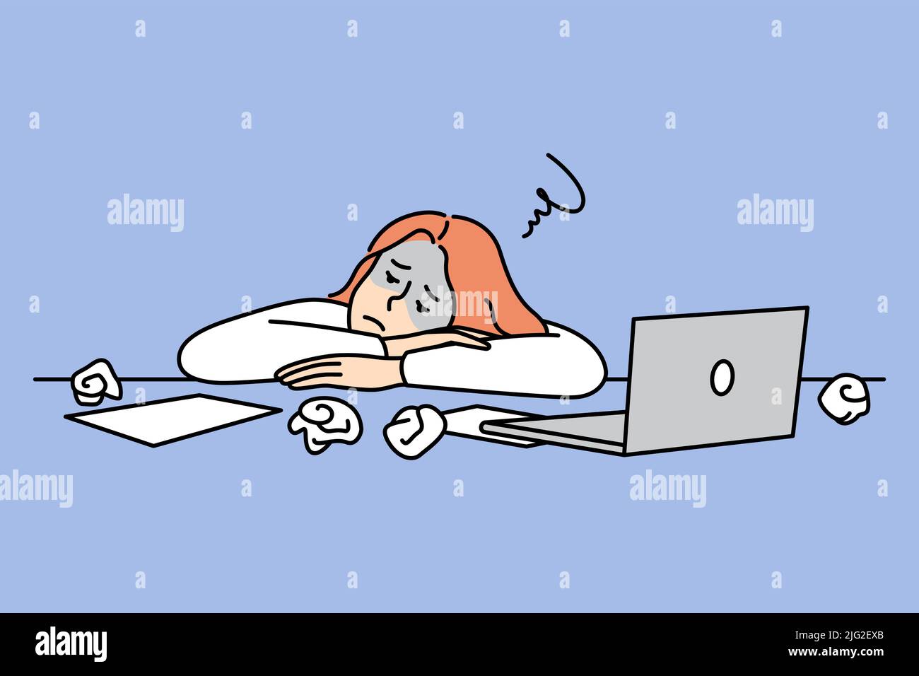 Exhausted woman employee lying on desk feeling overwhelmed with work. Unhappy tired businesswoman sleep on workplace suffer from overwork. Vector illustration. Stock Vector