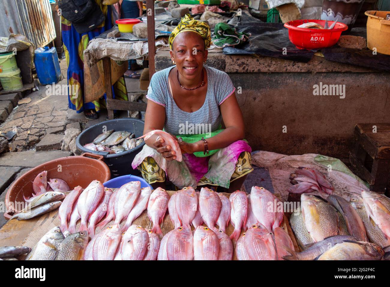 BANJUL, THE GAMBIA - FEBRUARY 10, 2022 Albert Market fish seller selling red snapper whole fish Stock Photo