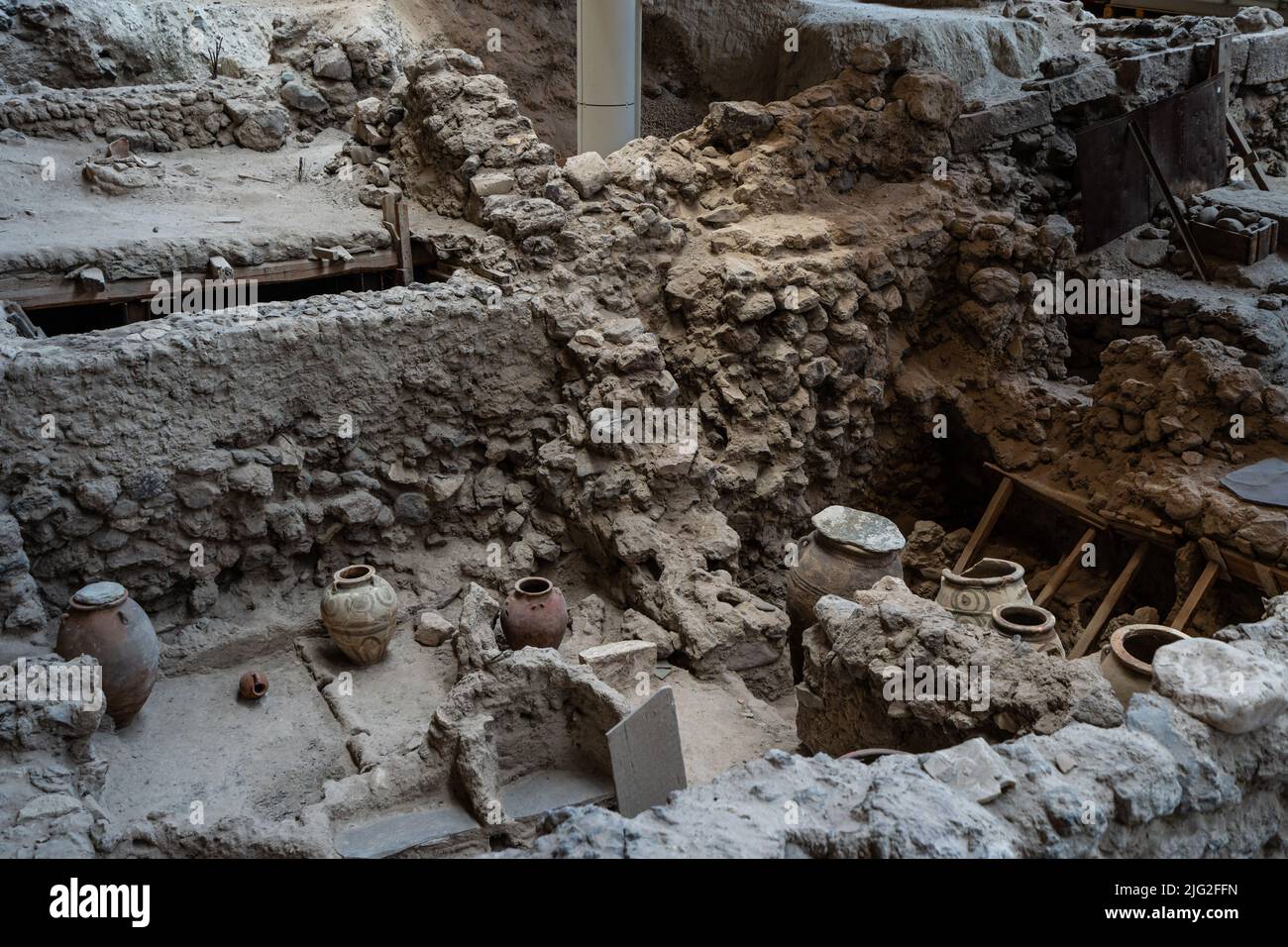 View of the archaeological site of Akrotiri, an ancient Minoan city destroyed in 16th century and popular tourist destination in Santorini, Greece Stock Photo