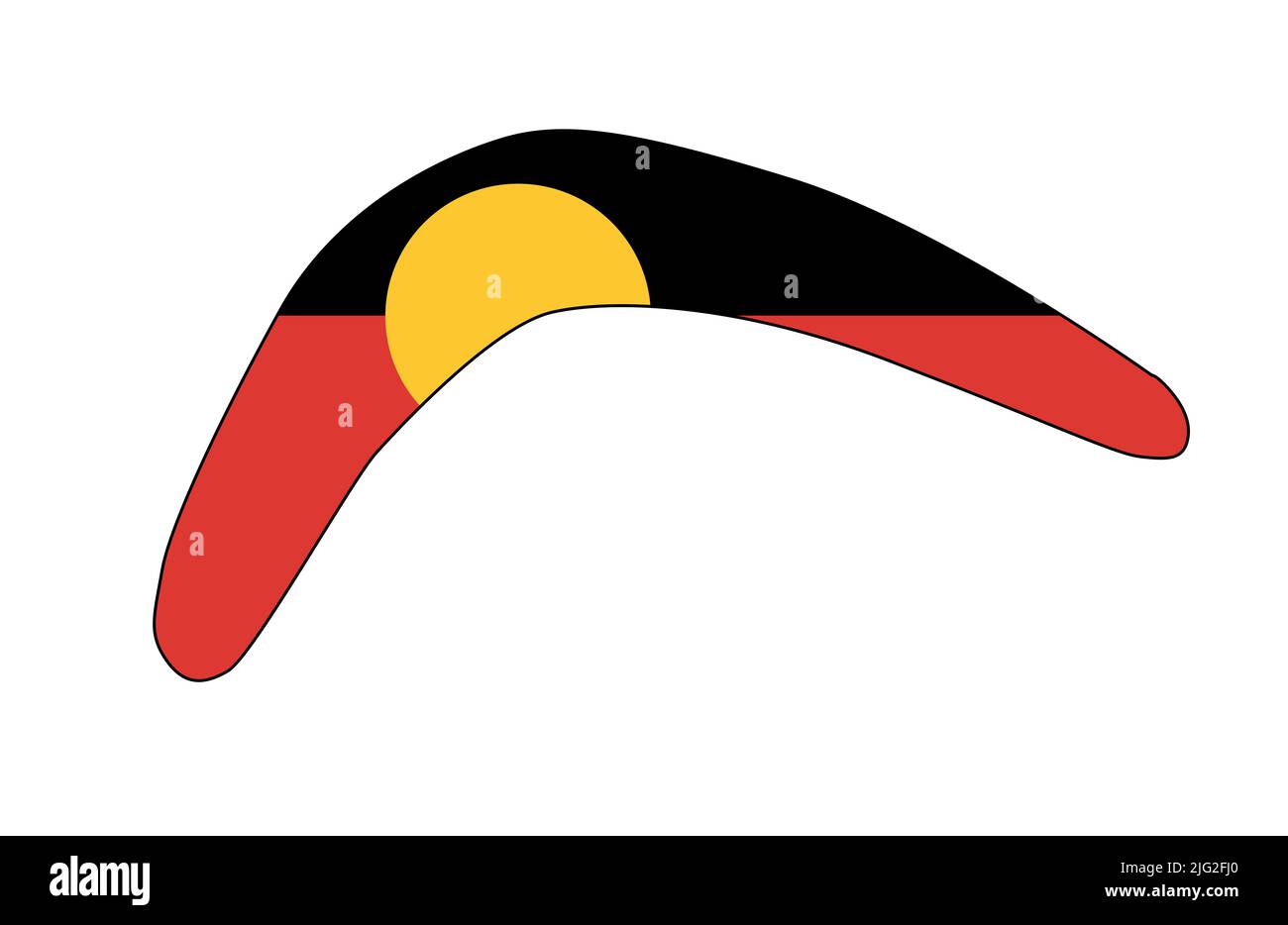 Australian Aborigine flag set within a typical boomerang silhouette over a white background Stock Photo