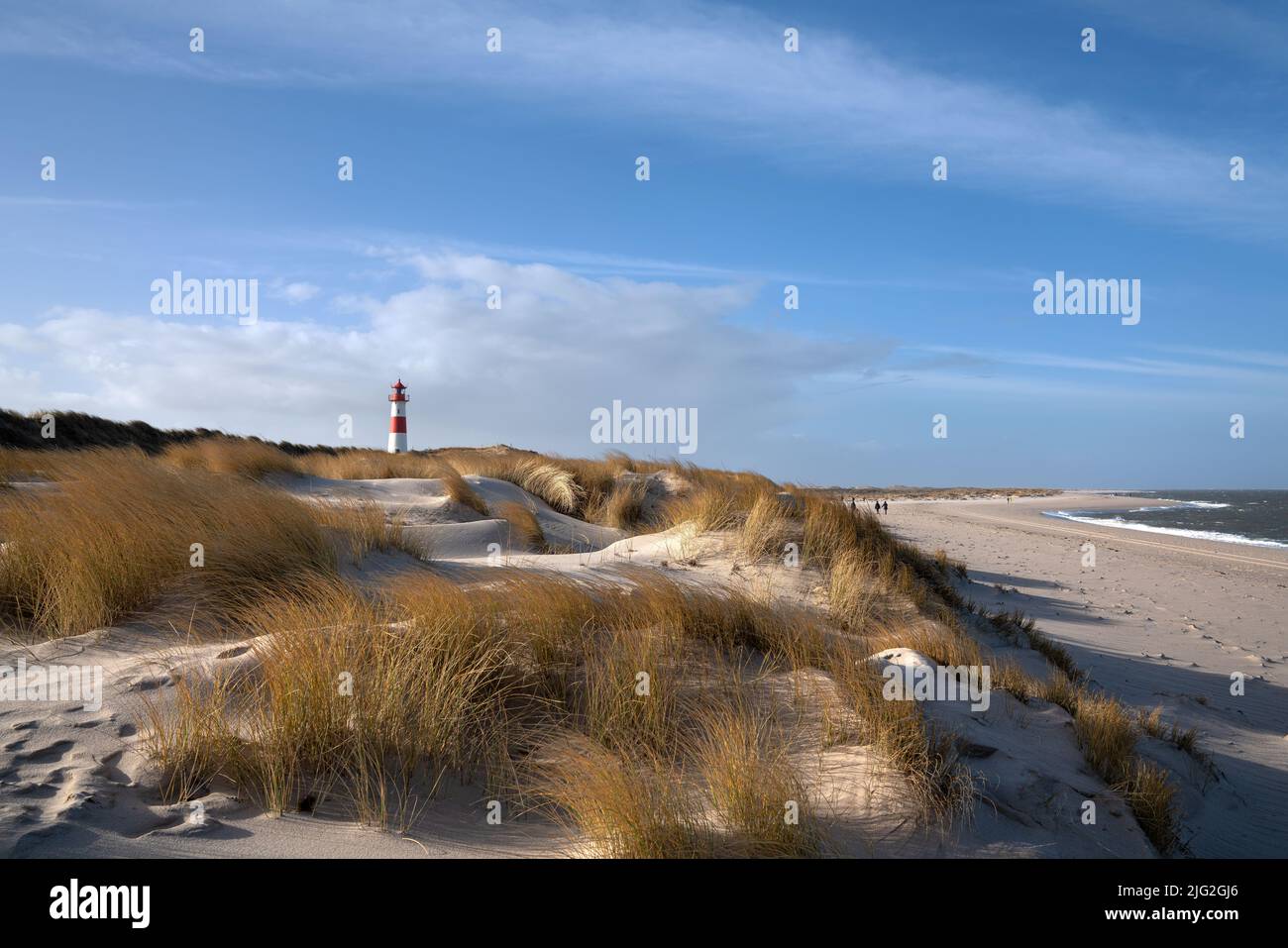Panoramic image of List East lighthouse against blue sky, Sylt, North Frisia, Germany Stock Photo