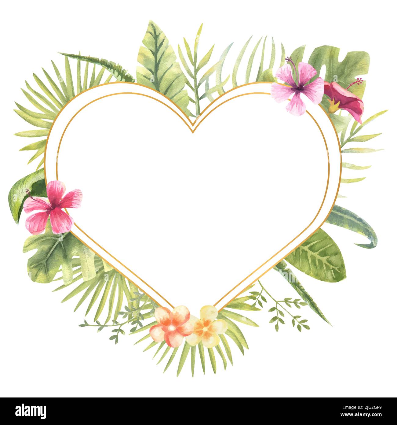 Vector illustration of a heart-shaped frame with tropical plants. Monster, banana leaves, hibiscus, etc. Floral watercolor. For the design of greeting Stock Vector