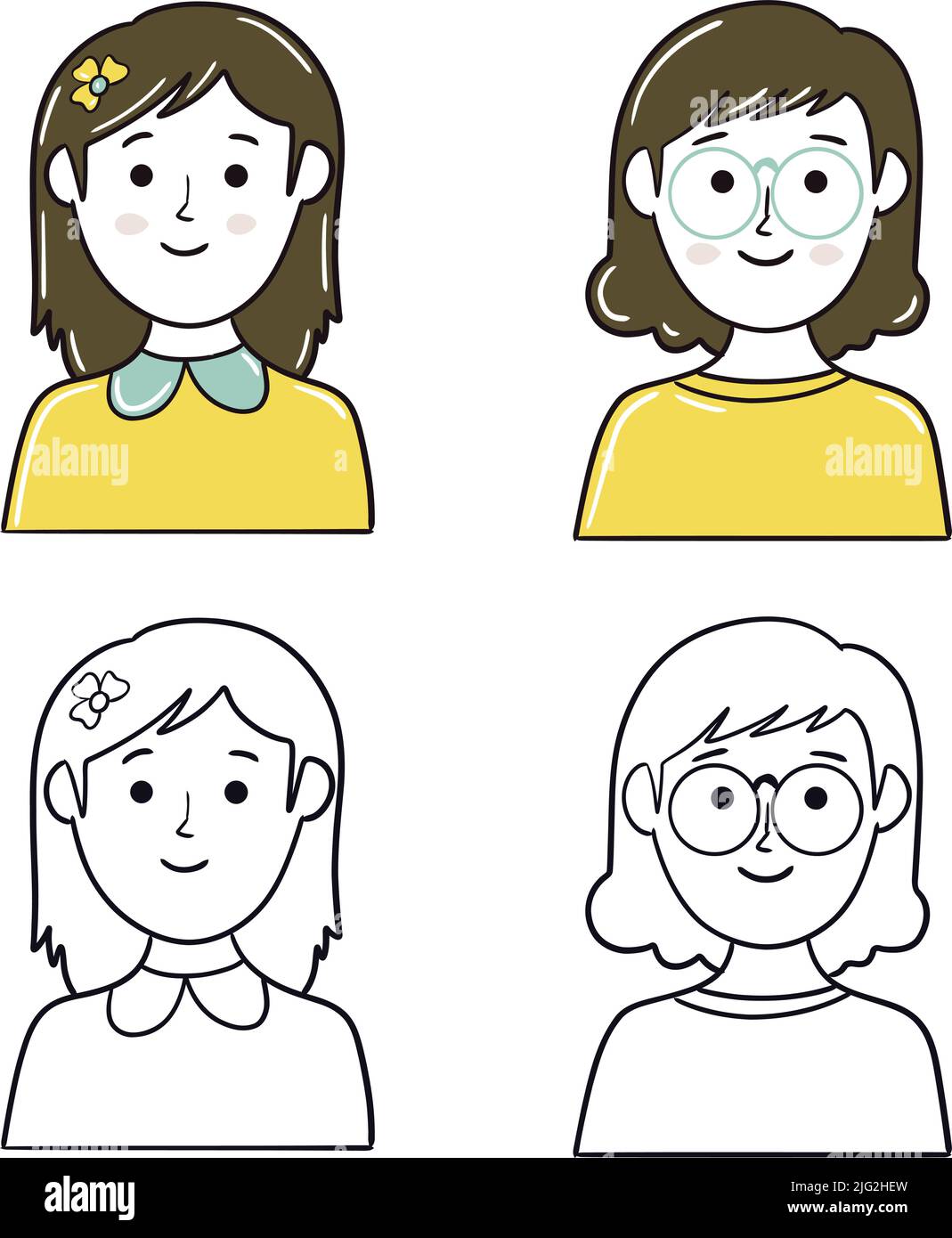 Minimal Face Girl. Simple female character face or profile in outline and saturated color Stock Vector