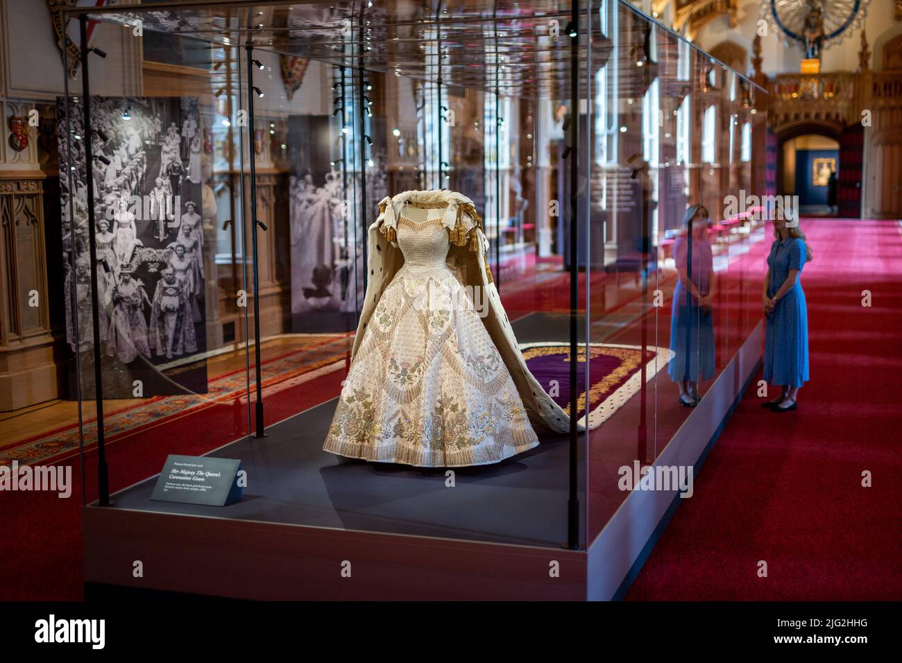 The Queen's Coronation dress on display at 'Platinum Jubilee: The Queen's Coronation', a special exhibition being held in St George's Hall and the Lantern Lobby of Windsor Castle, Berkshire. Picture date: Wednesday July 6, 2022. Stock Photo