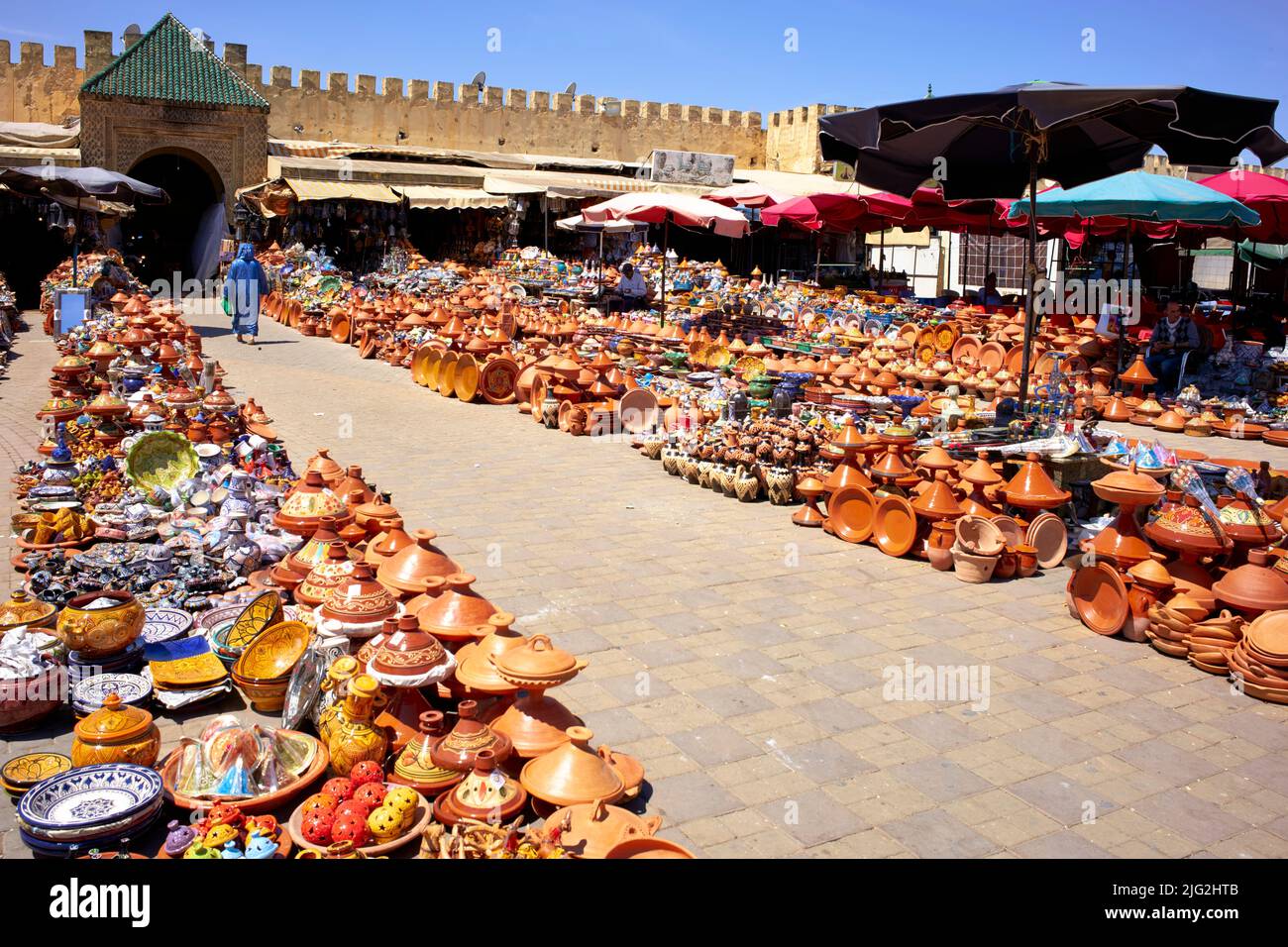 Morocco Meknes. Pottery for sale at the market Stock Photo