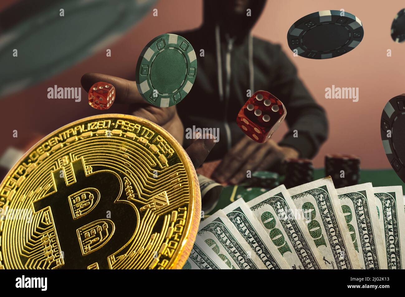 Bitcoin gold coin with poker chips on a green poker table against black  background. Blockchain casino. Online gambling Stock Photo - Alamy
