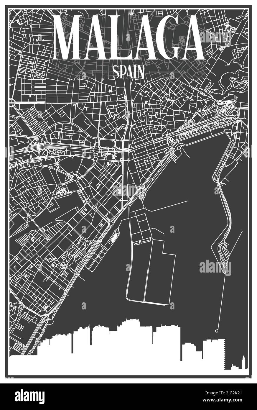 Dark printout city poster with panoramic skyline and hand-drawn streets network on dark gray background of the downtown MALAGA, SPAIN Stock Vector