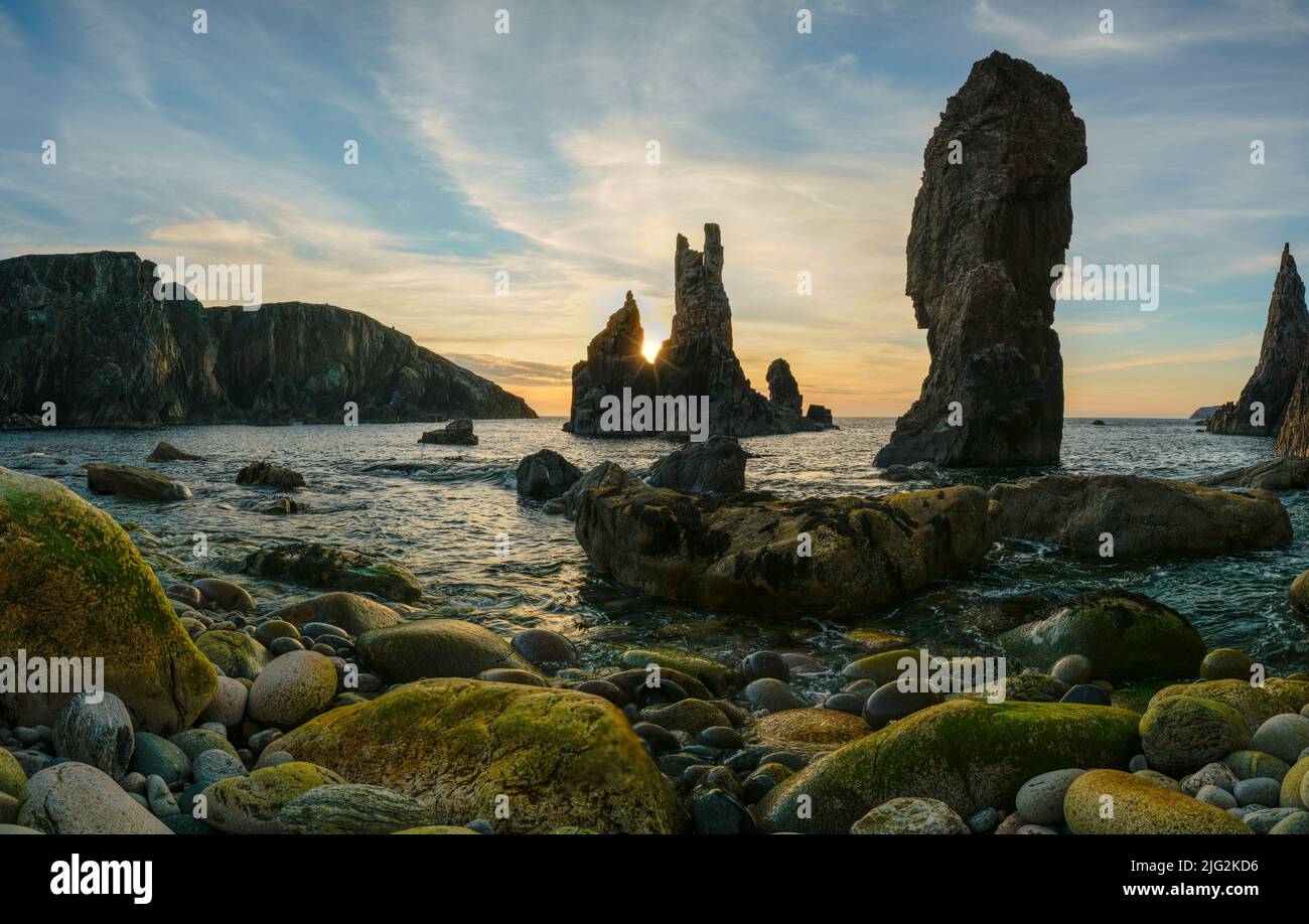 Mangersta sea stack at sunset located on the Isle of Lewis, Outer Hebrides. Stock Photo