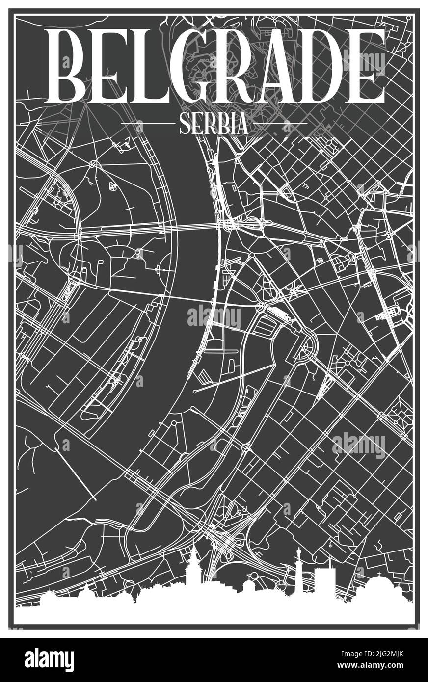Dark printout city poster with panoramic skyline and hand-drawn streets network on dark gray background of the downtown BELGRADE, SERBIA Stock Vector