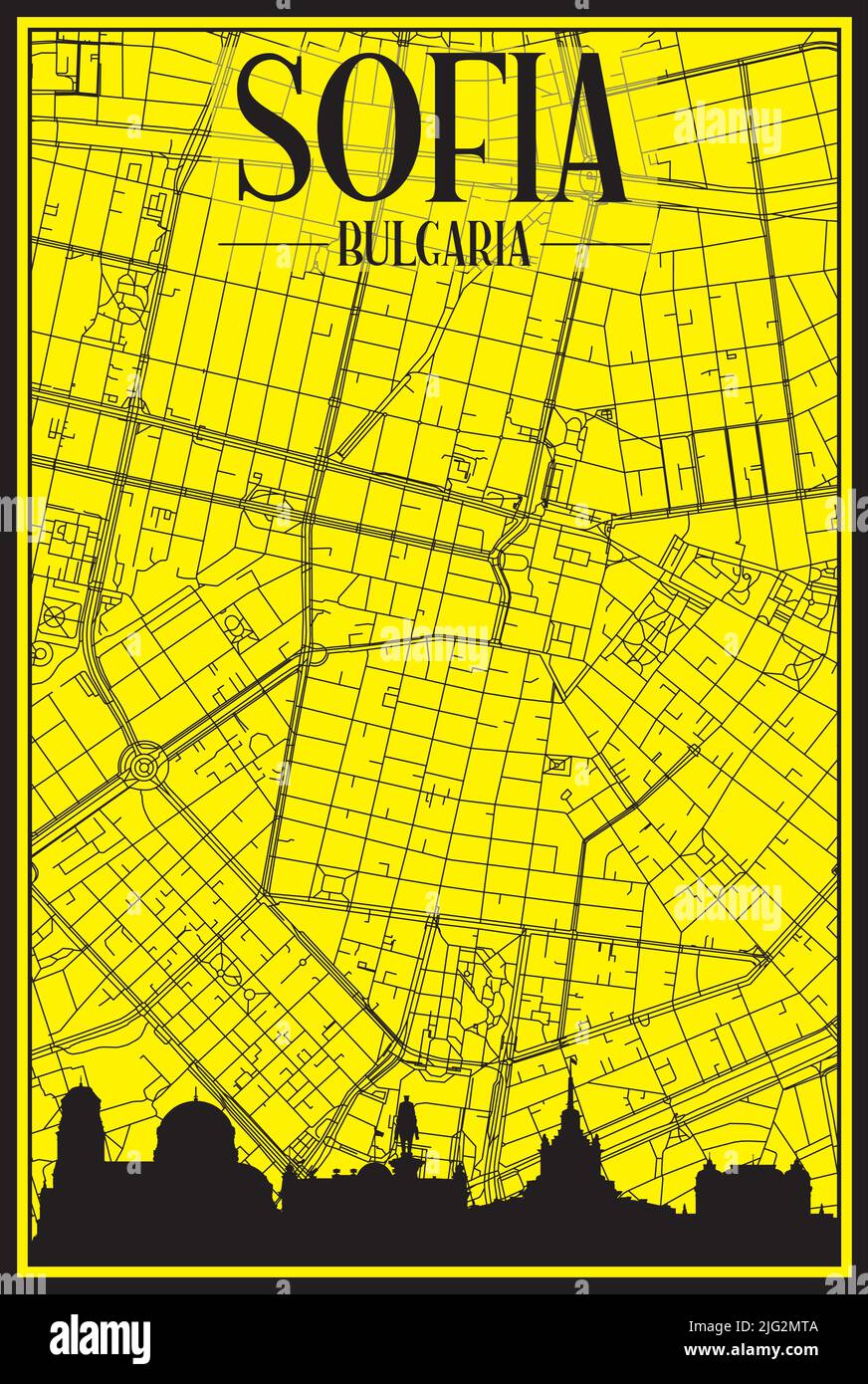 Golden printout city poster with panoramic skyline and hand-drawn ...