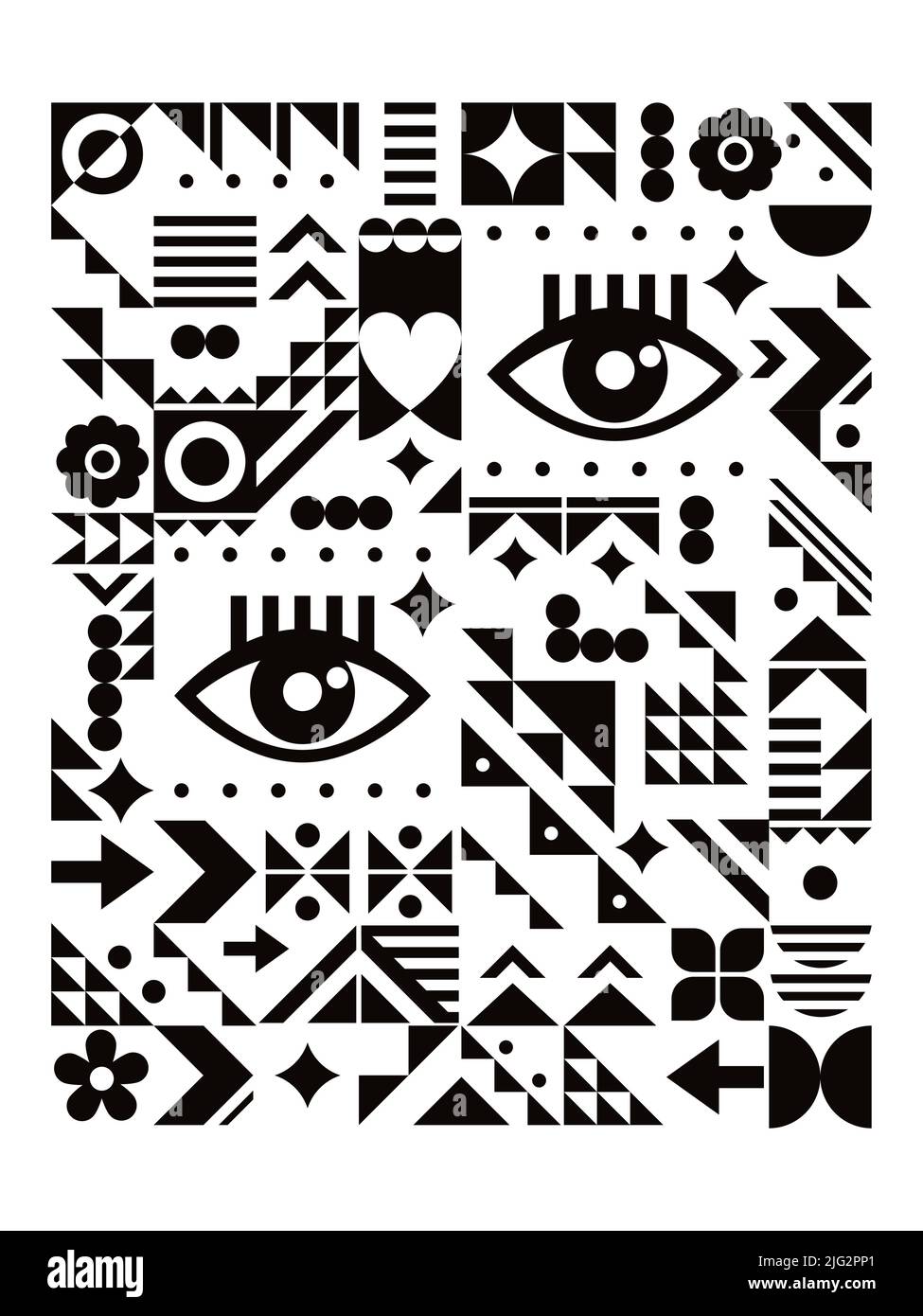 Bauhaus style vector poster art design 18x24 format in black and white with eyes and geometric shapes Stock Vector
