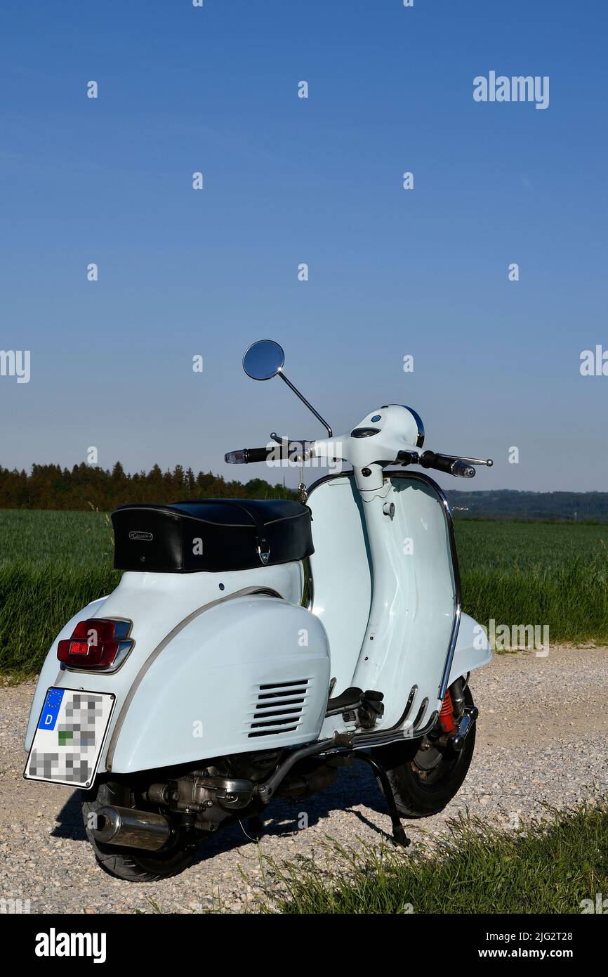 Vespa, Sprint Veloce, VLB 150, VLB, 150, Blue, Tuning, Piaggio, Street, Road,Vintage, Old School Scooter, PX 200, vehicle, Motor Scooter, Old, Sky, Stock Photo