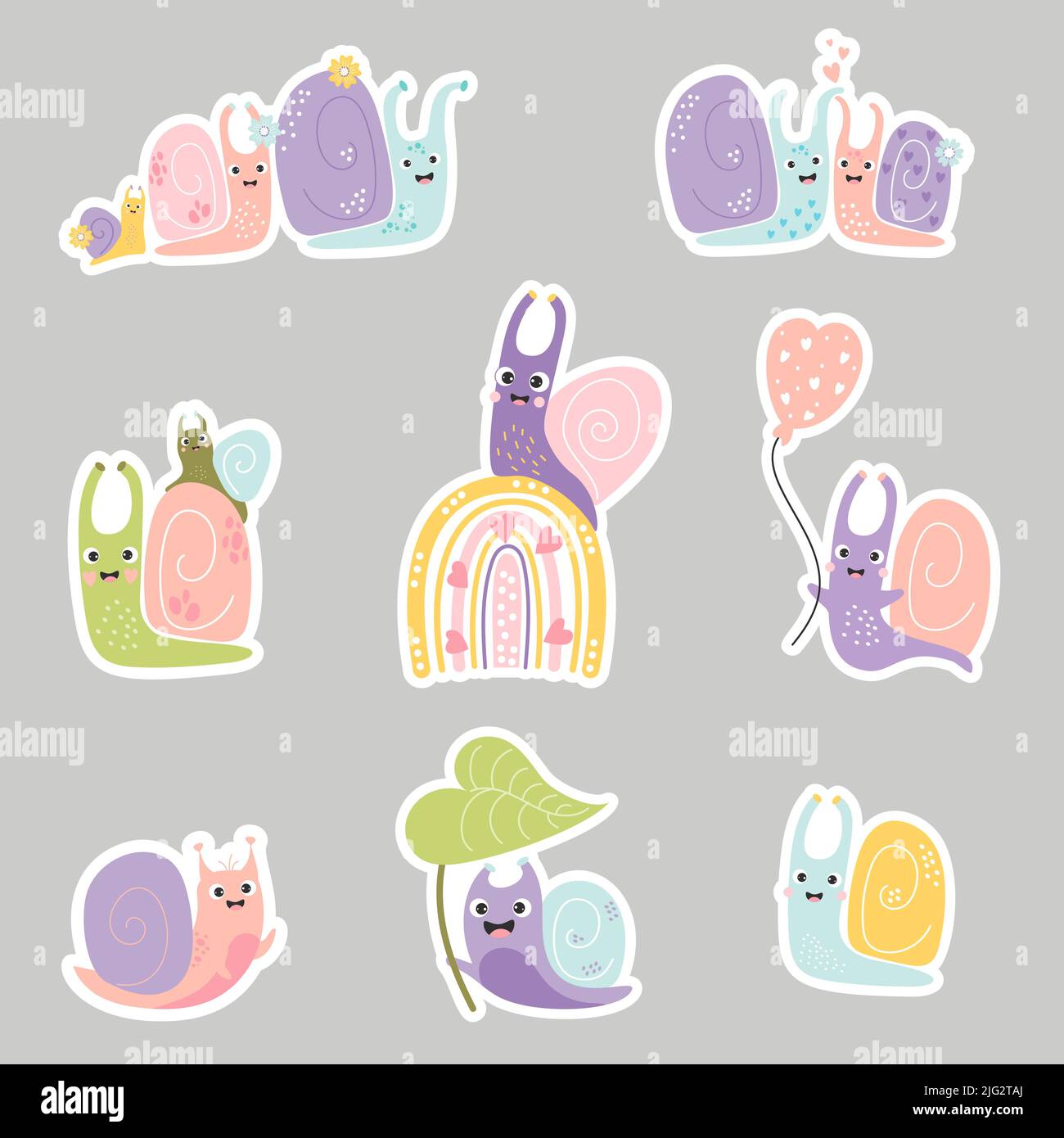 Set of stickers cute snails. Decorative snail characters on rainbow ...