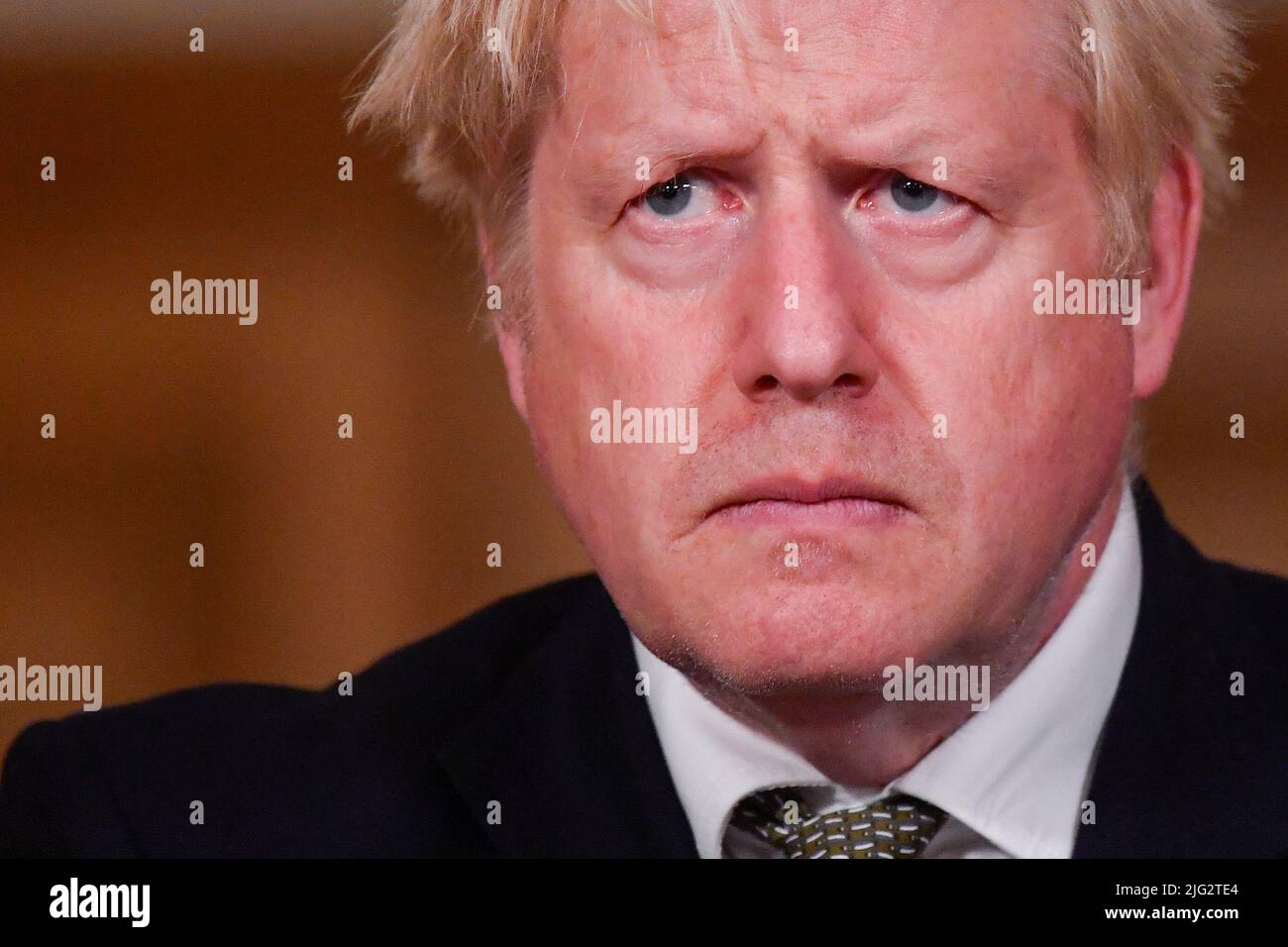 File photo dated 12/10/20 of Prime Minister Boris Johnson during a media briefing in Downing Street, London, on coronavirus (COVID-19). Boris Johnson will publicly announce his resignation later today, likely before lunchtime, the BBC is reporting. Issue date: Thursday July 7, 2022. Stock Photo