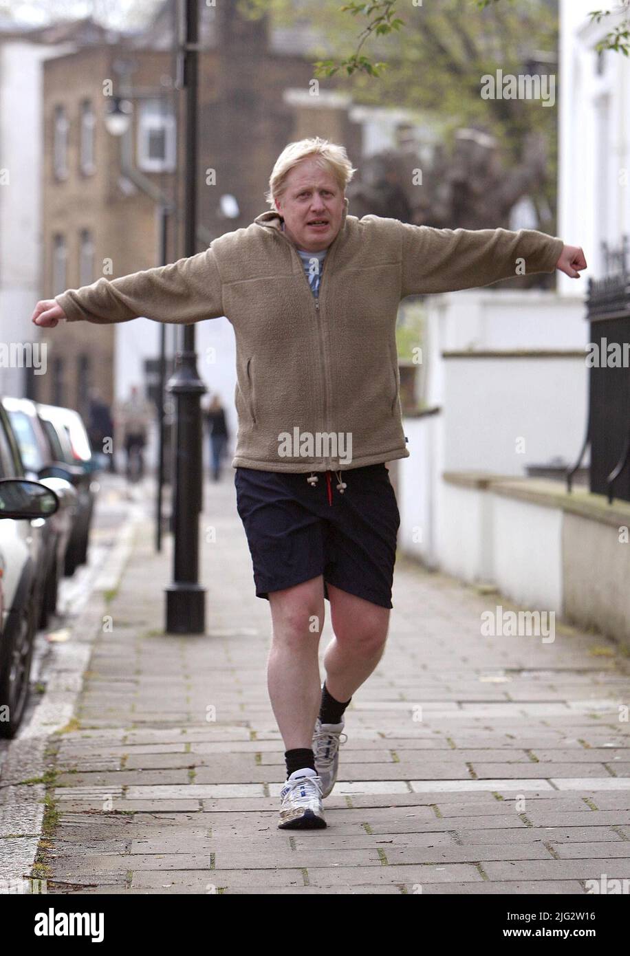 File photo dated 02/05/08 of London Mayoral candidate, Boris Johnson, out for a run in London while awaiting the results of the London Mayoral election. Boris Johnson will publicly announce his resignation later today, likely before lunchtime, the BBC is reporting. Issue date: Thursday July 7, 2022. Stock Photo