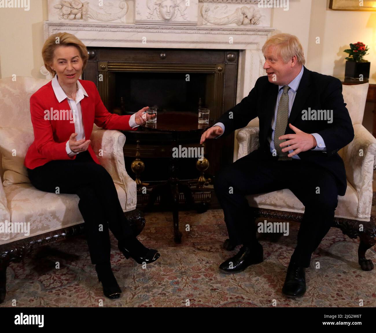 File photo dated 08/01/20 of Prime Minister Boris Johnson and EU Commission president Ursula von der Leyen during a meeting in Downing Street, London. Boris Johnson will publicly announce his resignation later today, likely before lunchtime, the BBC is reporting. Issue date: Thursday July 7, 2022. Stock Photo