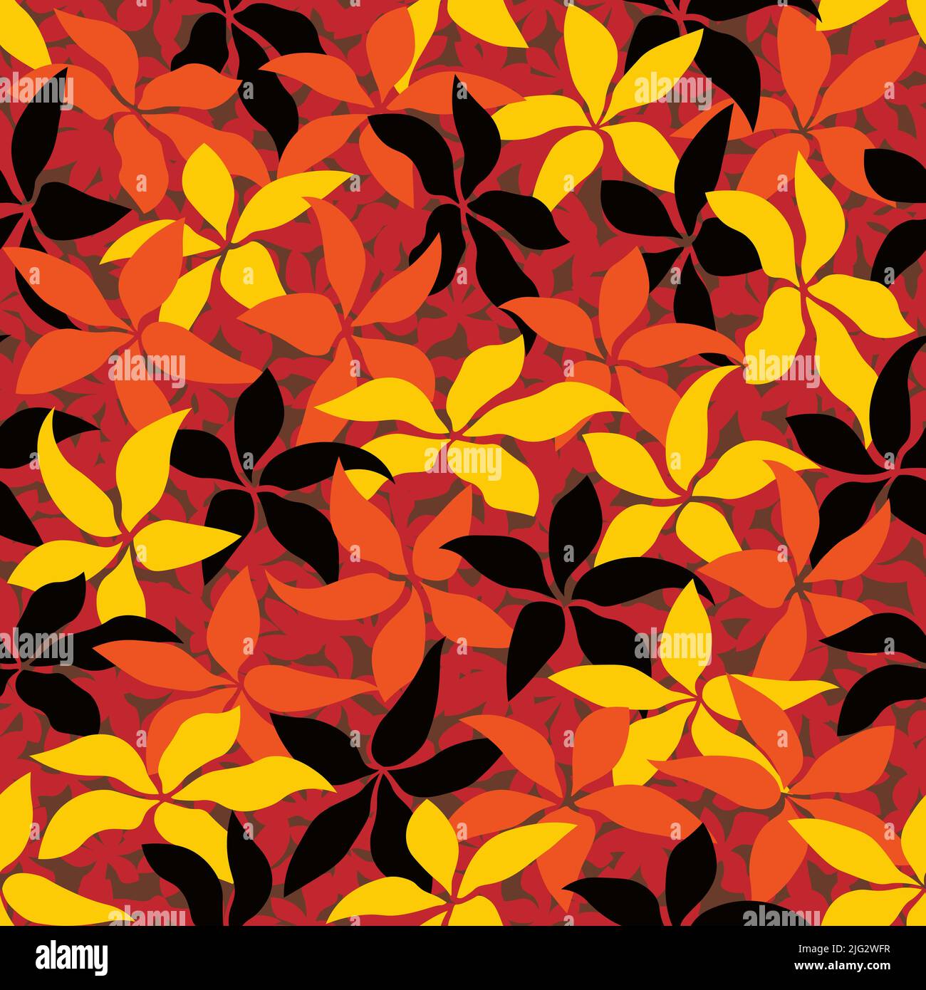 Vector seamless red, orange, yellow and black colored leaf pattern