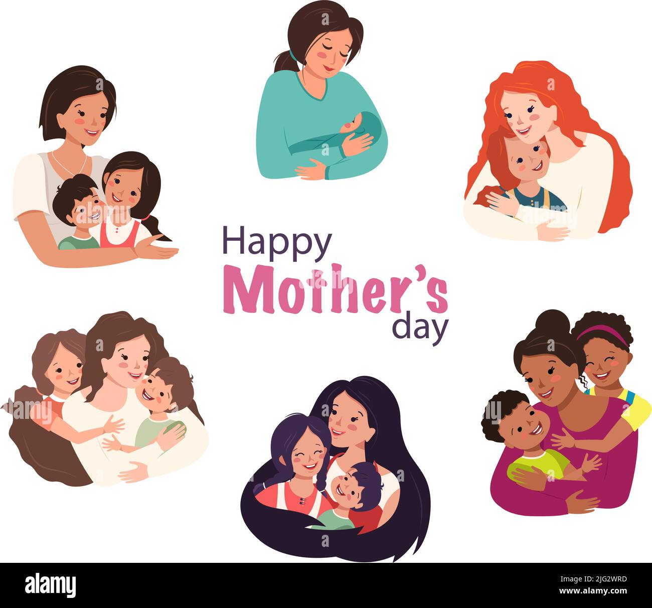 Mom hugs the child. Happy mother day. Woman and baby. Family care and love. Cheerful people of different nationalities, with different skin and hair colours. Parent, boy and girl. Vector illustration Stock Vector