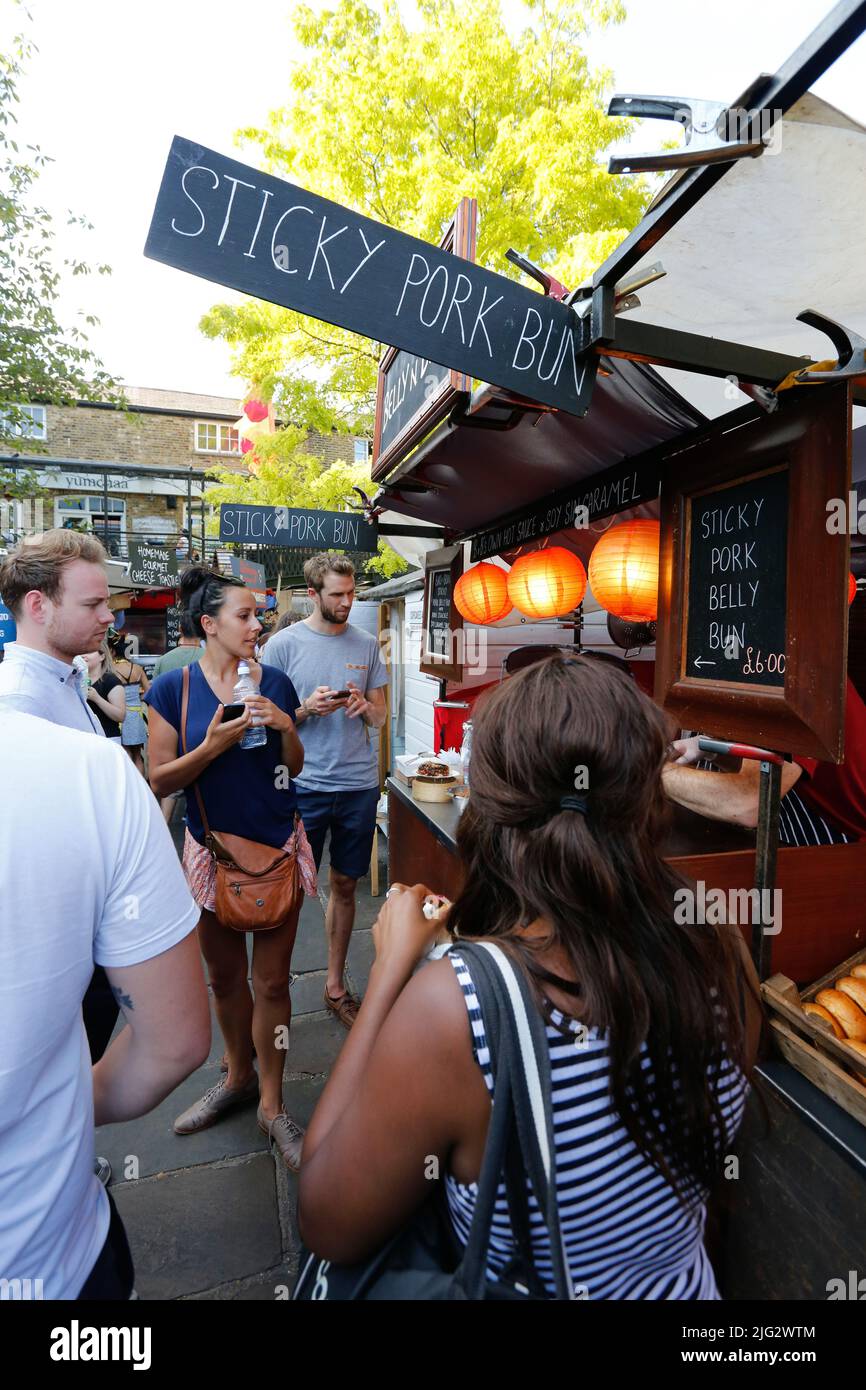 London, UK August 22, 2015 Street Foods in Camden Market, people present, famous tourist