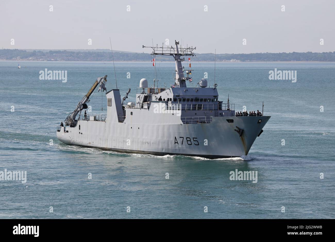 The French naval mine warfare experimentation ship FS THETIS arriving at the Naval Base Stock Photo