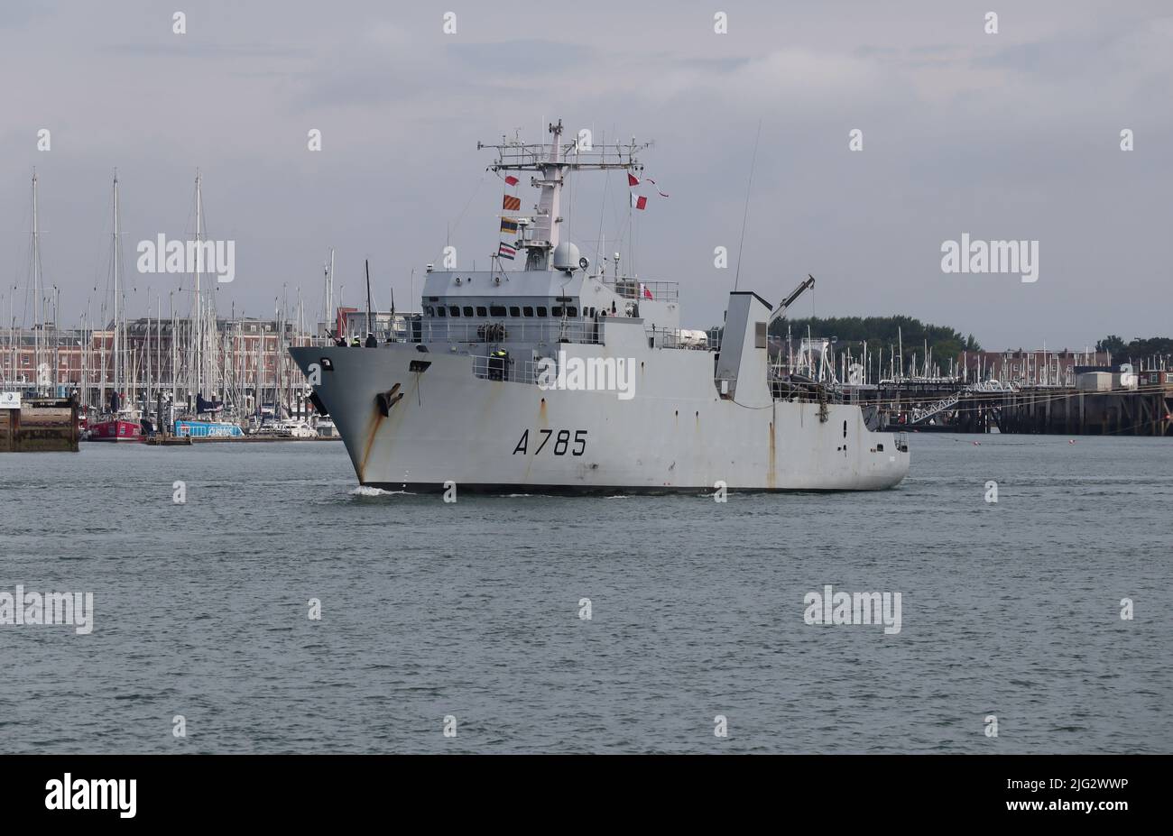 The French naval mine warfare experimentation ship FS THETIS sails past Gosport Marina as it leaves the Naval Base Stock Photo