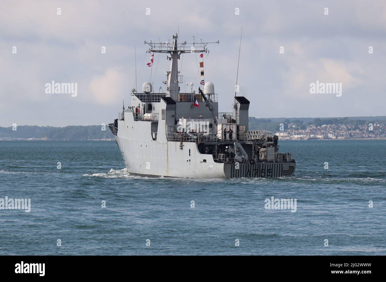 The French naval mine warfare experimentation ship FS THETIS heading through The Solent Stock Photo