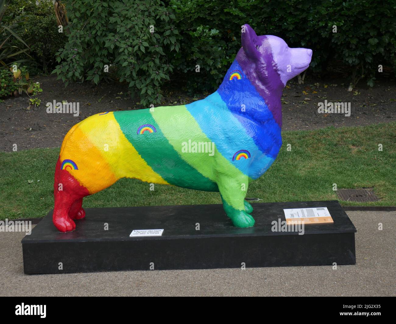 Rainbow corgi,  For The Queen's Platinum Jubilee, 19 statues of Corgis. The Queen's favourite breed of dog have been placed around London Stock Photo