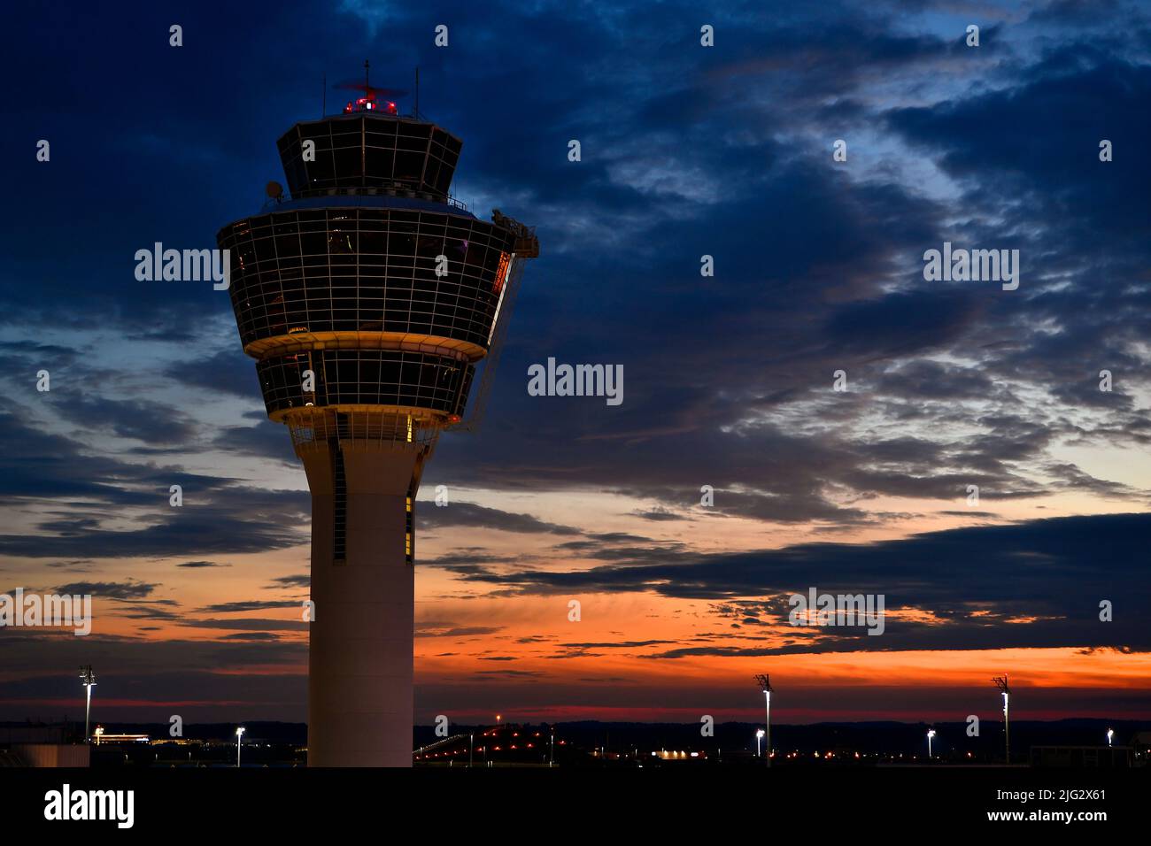 Tower, Munich Airport, Sunset, Sunrise, Overview, Sky, Twilight, Terminal, View, Munich, Freising, Germany, Stock Photo