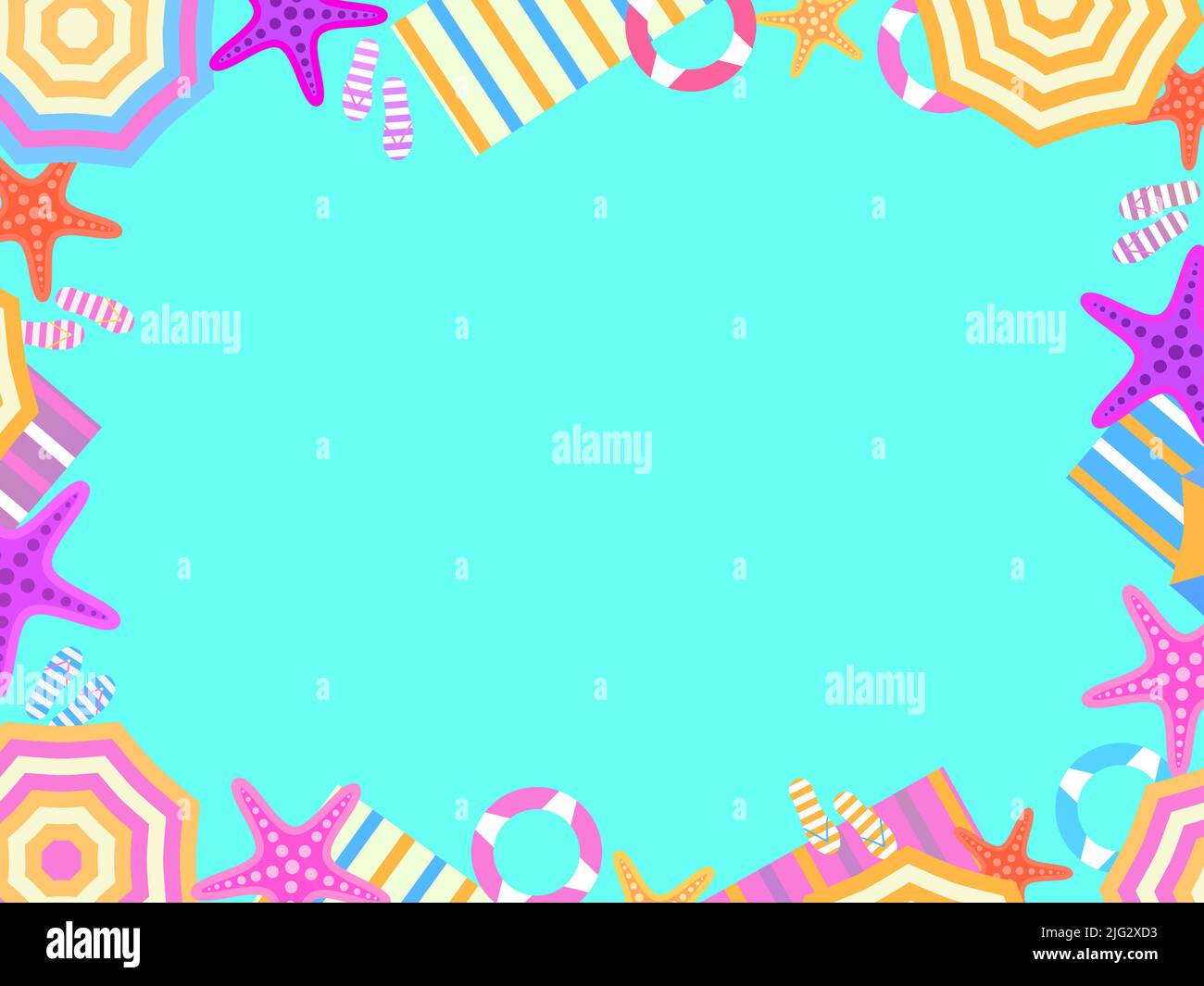 Beach frame, top view. Beach umbrellas and flip flops with starfish in ...